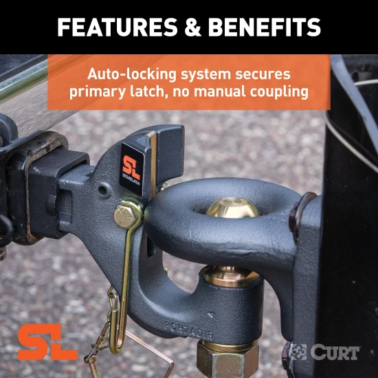 CURT SecureLatch pintle ball hitch featuring auto-lock technology for easy trailer coupling and rated 14,000 lbs capacity.