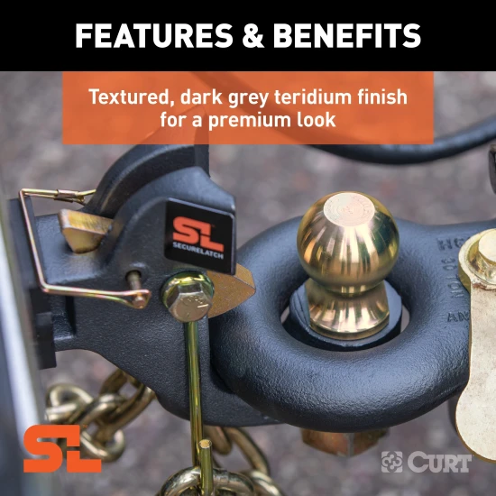 CURT SecureLatch pintle ball hitch featuring auto-lock technology for easy trailer coupling and rated 14,000 lbs capacity.