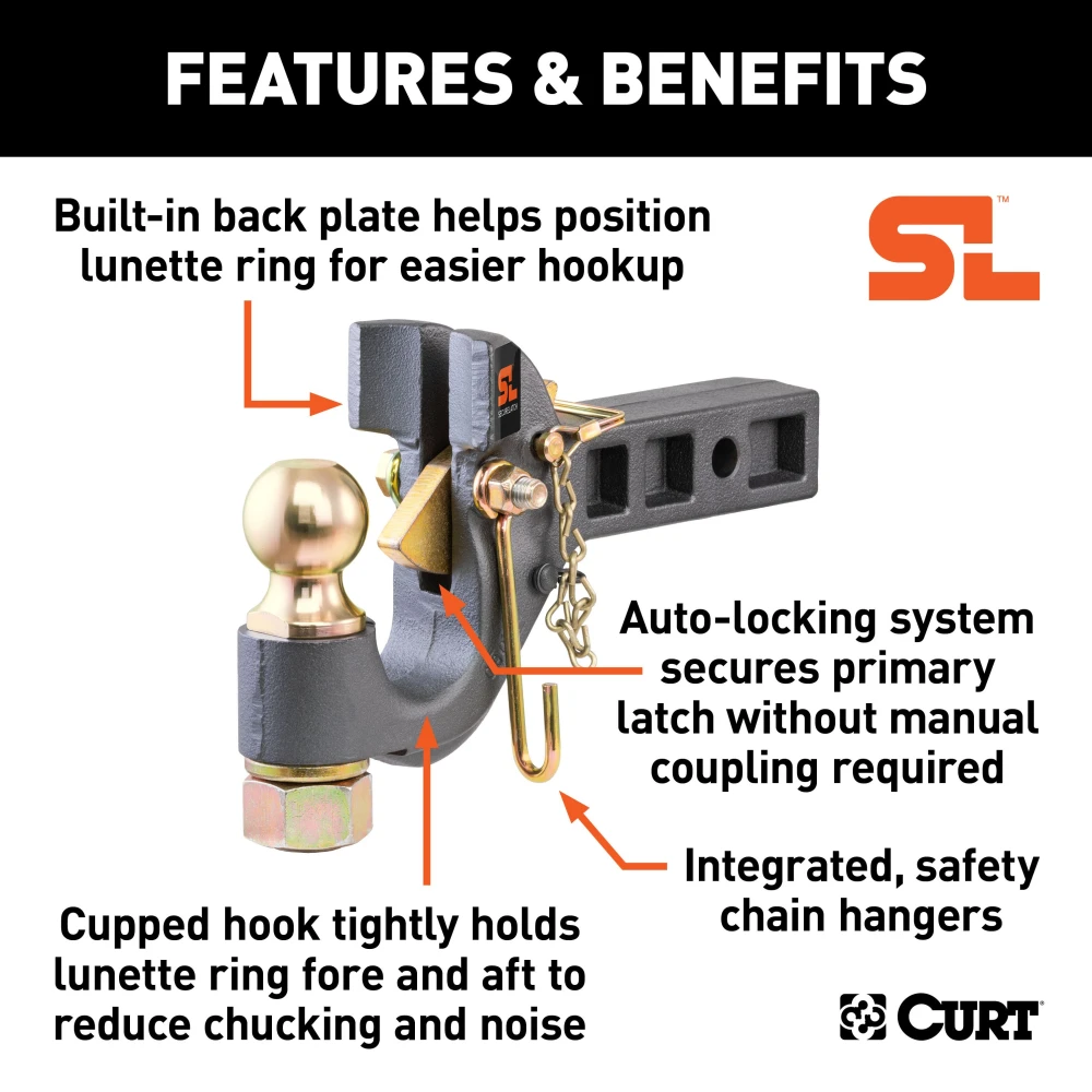 CURT SecureLatch pintle ball hitch with auto-lock and cupped design for trailers