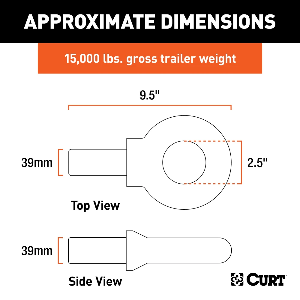 CURT pintle hitch featuring lunette eye with 20,000 lbs capacity and black powder coat finish.
