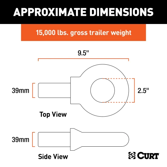 CURT pintle hitch featuring lunette eye with 20,000 lbs capacity and black powder coat finish.
