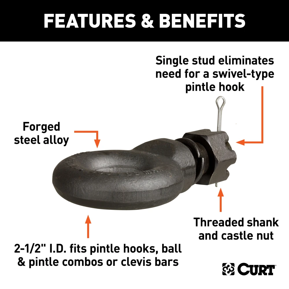 CURT pintle hitch featuring lunette eye with 20,000 lbs capacity and black powder coat finish.