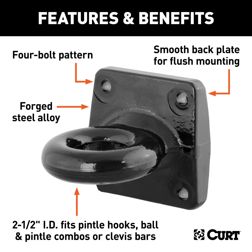 CURT Pintle Hitch with 2-1/2 Inch Lunette Ring and Powder Coating CURT pintle hitch featuring a 2-1/2 inch lunette ring with black powder coat finish for robust towing