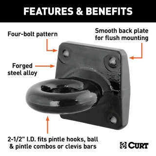 CURT Pintle Hitch with 2-1/2 Inch Lunette Ring and Powder Coating CURT pintle hitch featuring a 2-1/2 inch lunette ring with black powder coat finish for robust towing