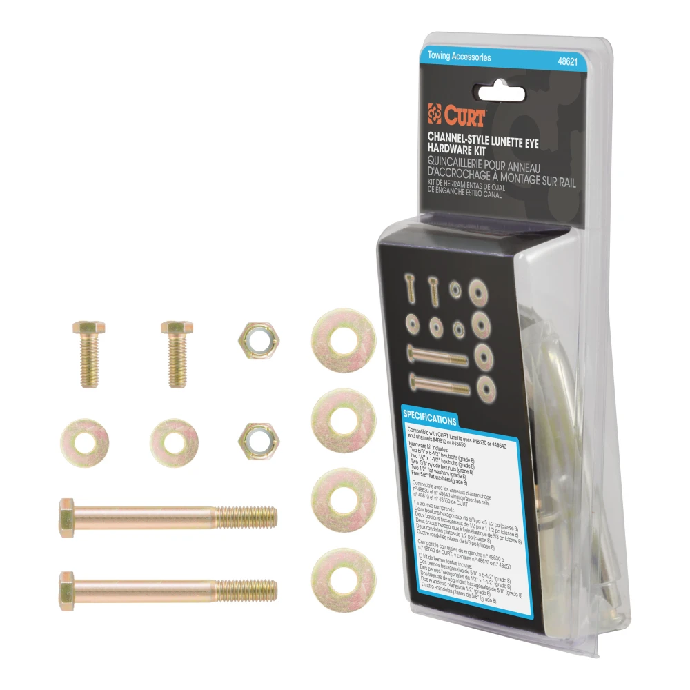 CURT bolt kit with hex bolts, nylock nuts, and washers for channel-mount lunette eyes