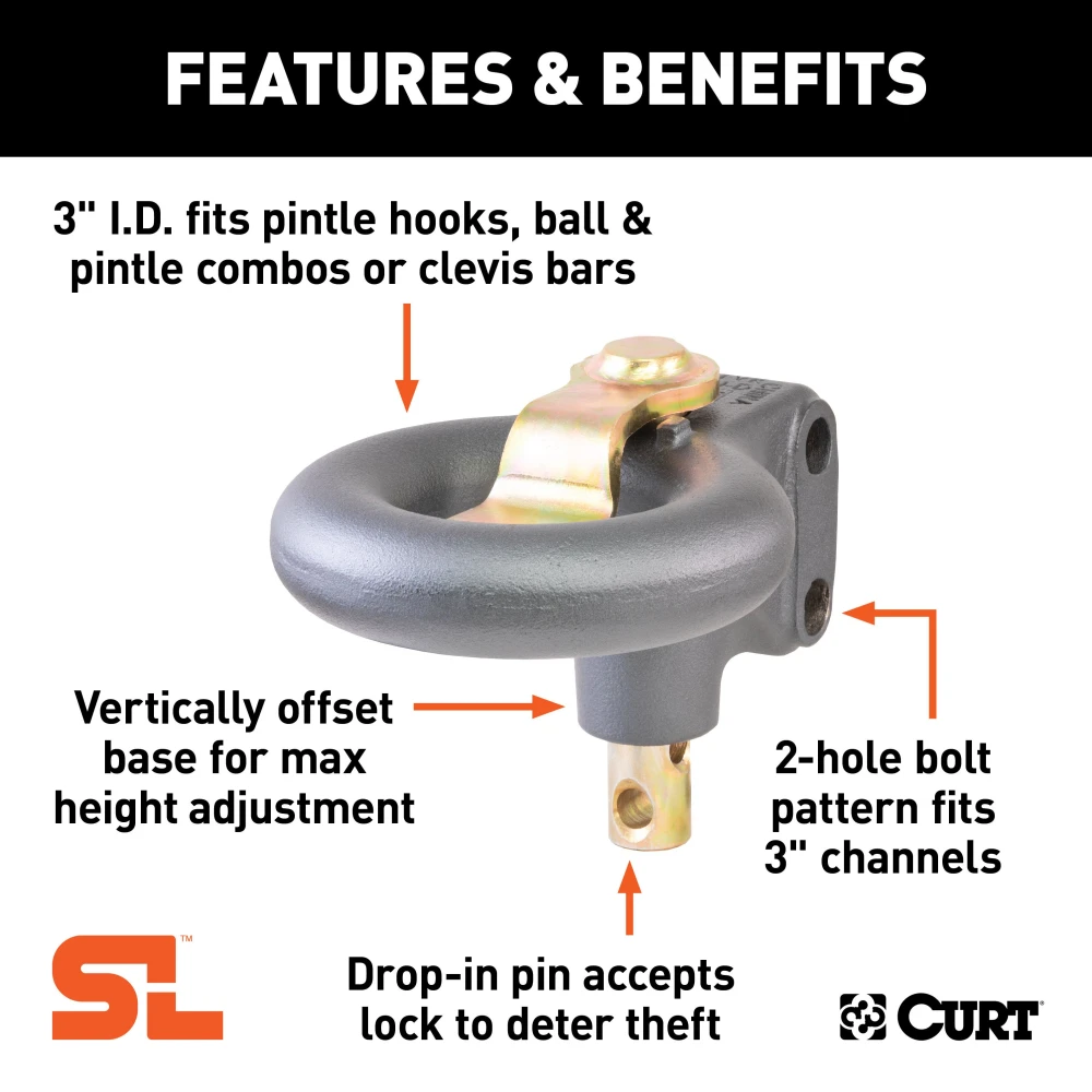 CURT SecureLatch lunette ring with locking pin, adjustable height and durable coating for trailers up to 25,000 lbs.