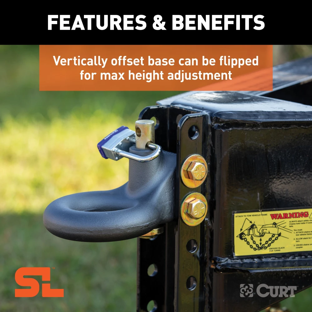 CURT SecureLatch lunette ring with locking pin, adjustable height and durable coating for trailers up to 25,000 lbs.