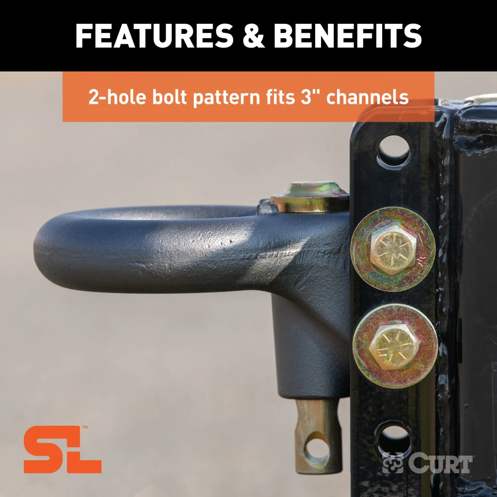 CURT SecureLatch lunette ring with locking pin, adjustable height and durable coating for trailers up to 25,000 lbs.