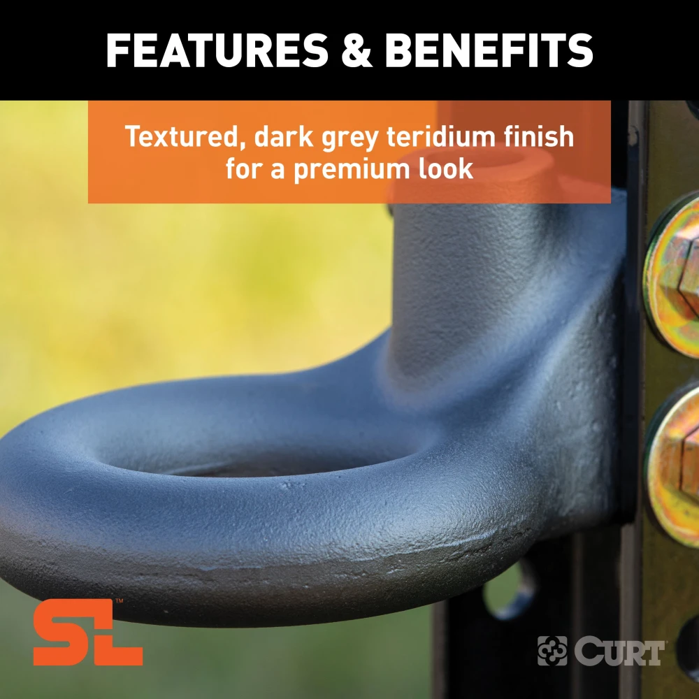 CURT SecureLatch lunette ring with locking pin, adjustable height and durable coating for trailers up to 25,000 lbs.