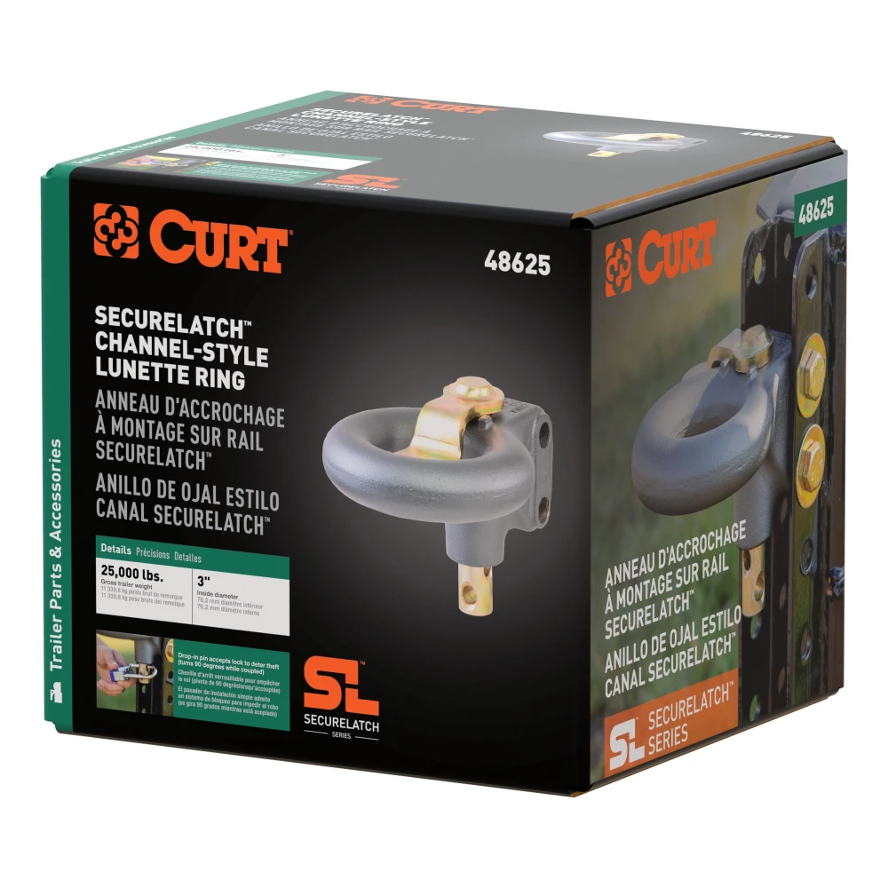 CURT SecureLatch lunette ring with locking pin, adjustable height and durable coating for trailers up to 25,000 lbs.