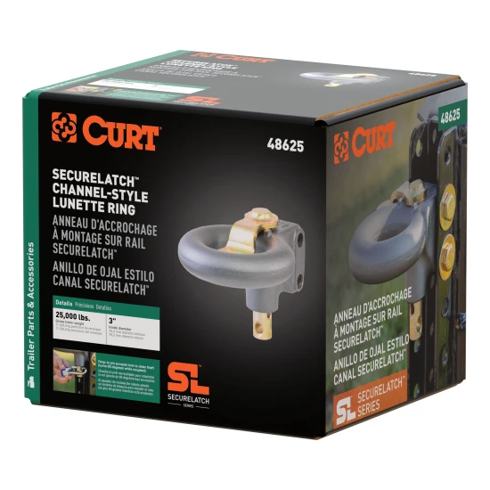 CURT SecureLatch lunette ring with locking pin, adjustable height and durable coating for trailers up to 25,000 lbs.