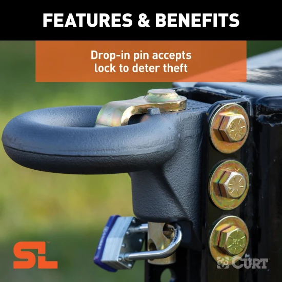 CURT SecureLatch lunette ring set with locking pin and adjustable channel for secure trailer hitching.