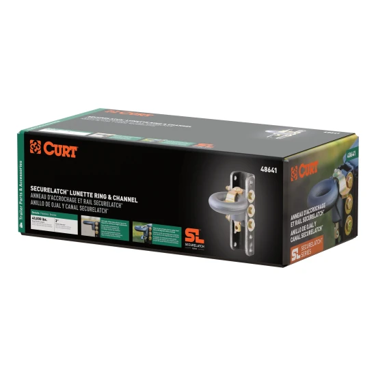 CURT SecureLatch lunette ring set with locking pin and adjustable channel for secure trailer hitching.