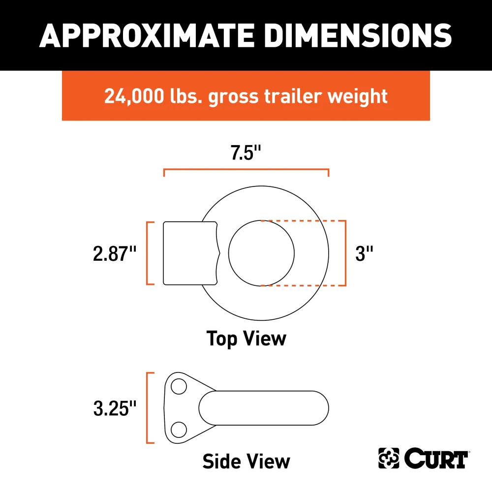 CURT lunette eye 3-inch diameter, forged steel, 24,000 lbs capacity, adjustable mount for pintle hook.
