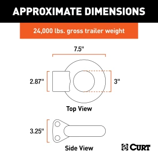 CURT Lunette Eye with Adjustable Mount for Pintle Hooks CURT lunette eye 3-inch diameter, forged steel, 24,000 lbs capacity, adjustable mount for pintle hook.