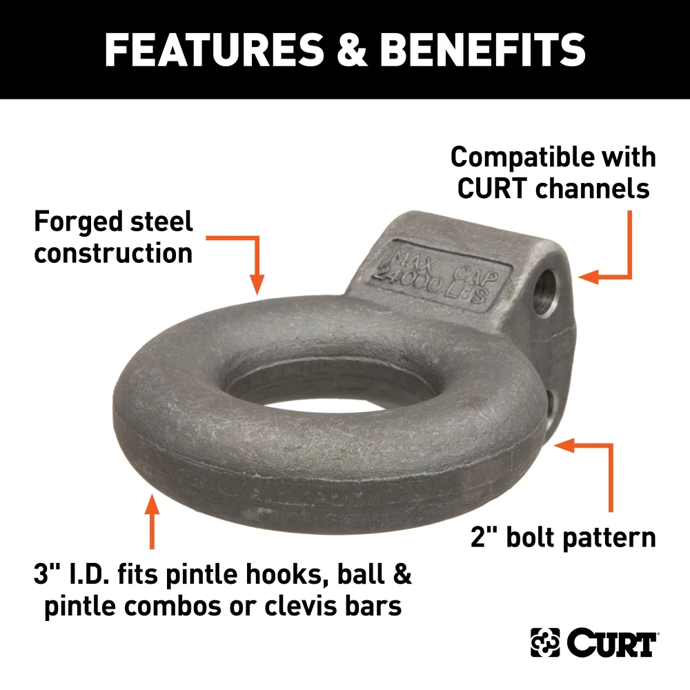 CURT lunette eye 3-inch diameter, forged steel, 24,000 lbs capacity, adjustable mount for pintle hook.