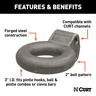 CURT Lunette Eye with Adjustable Mount for Pintle Hooks CURT lunette eye 3-inch diameter, forged steel, 24,000 lbs capacity, adjustable mount for pintle hook.