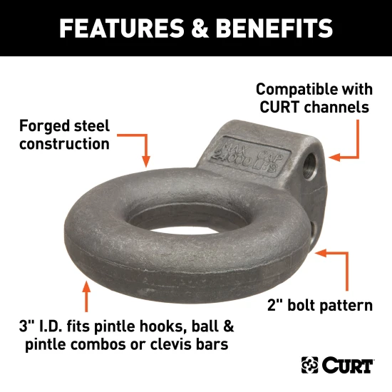 CURT Lunette Eye with Adjustable Mount for Pintle Hooks CURT lunette eye 3-inch diameter, forged steel, 24,000 lbs capacity, adjustable mount for pintle hook.