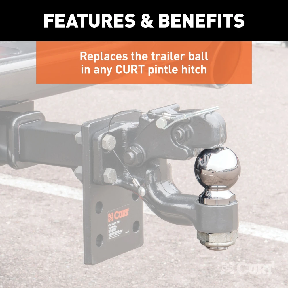 CURT pintle and ball hitch with drop forged steel construction and hard chrome finish, 16,000 lbs capacity