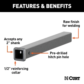 CURT receiver tubing, raw steel, 2x2 inch opening, 24 inch length for custom towing fabrication