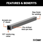 CURT 36-inch raw steel receiver tube with 2x2 inch opening for custom towing projects.