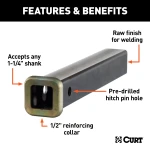 CURT raw finish steel receiver tube 12 inch, 1-1/4 inch opening for welding