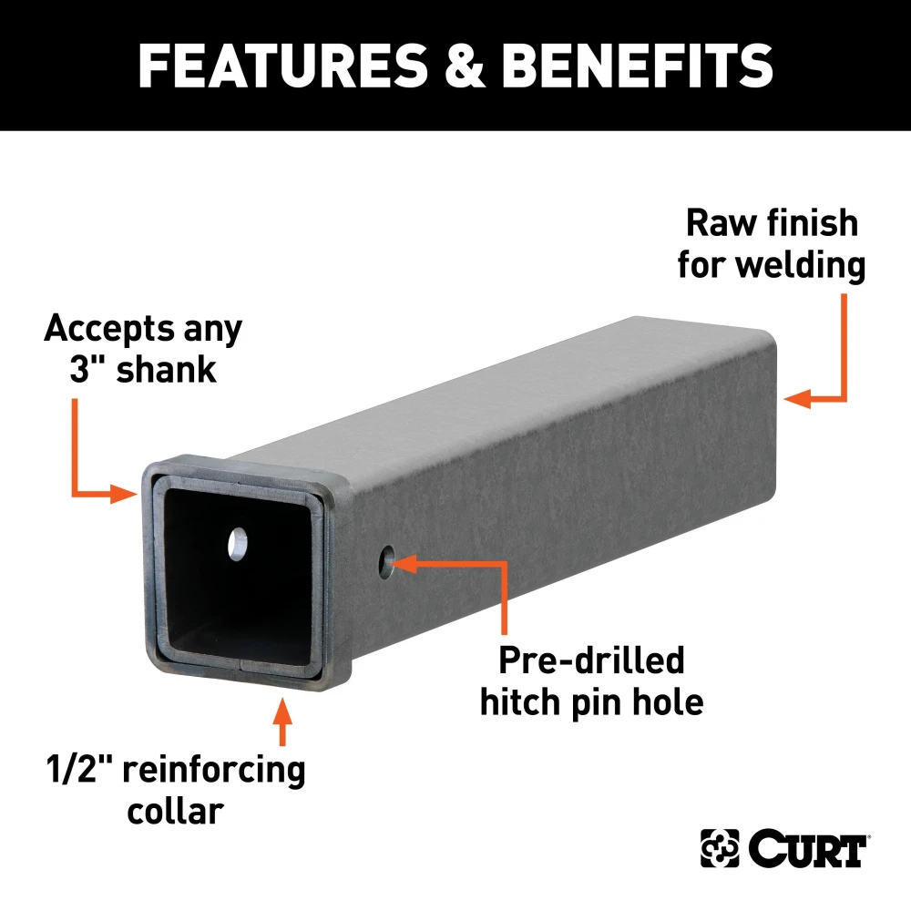 CURT raw steel receiver tubing with a 3x3 opening, suitable for custom towing.