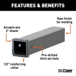 CURT raw steel receiver tubing with a 3x3 opening, suitable for custom towing.