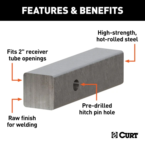CURT steel hitch bar with 2x2 shank, pre-drilled hole, raw finish, 8 inch length, fits 2 inch receiver