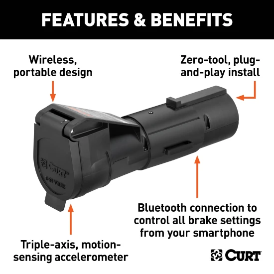 CURT Echo mobile trailer brake controller connected to a smartphone for wireless control