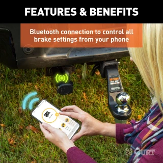 CURT Echo mobile trailer brake controller connected to a smartphone for wireless control