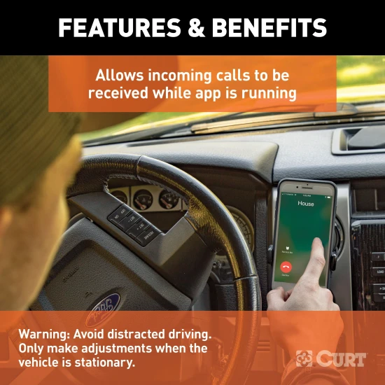 CURT Echo mobile trailer brake controller connected to a smartphone for wireless control