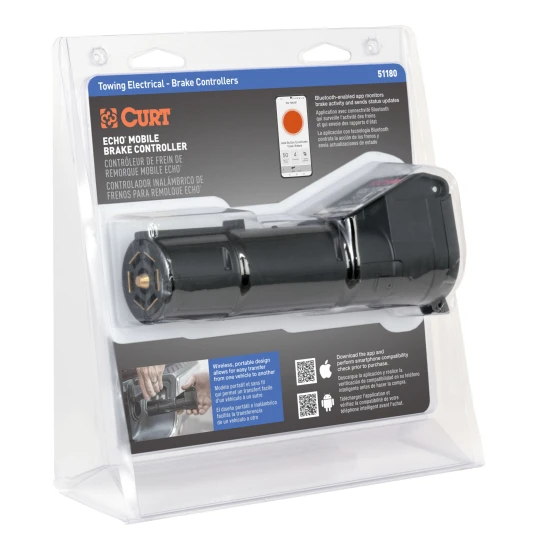 CURT Echo mobile trailer brake controller connected to a smartphone for wireless control