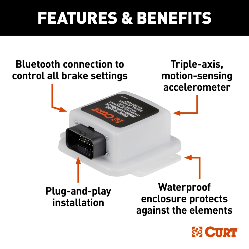 CURT Echo in-line Bluetooth trailer brake controller connected to a smartphone showing brake monitoring app.