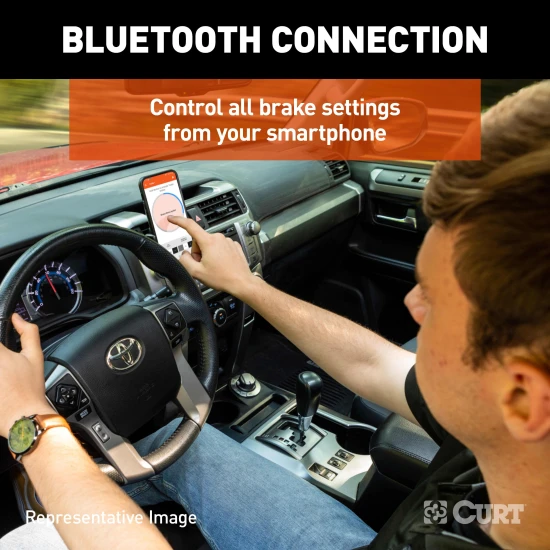 CURT Echo in-line Bluetooth trailer brake controller connected to a smartphone showing brake monitoring app.