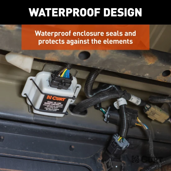 CURT Echo in-line Bluetooth trailer brake controller connected to a smartphone showing brake monitoring app.