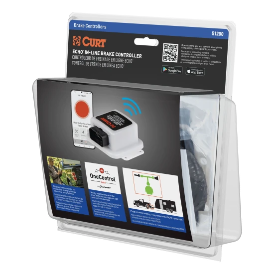 CURT Echo in-line Bluetooth trailer brake controller connected to a smartphone showing brake monitoring app.