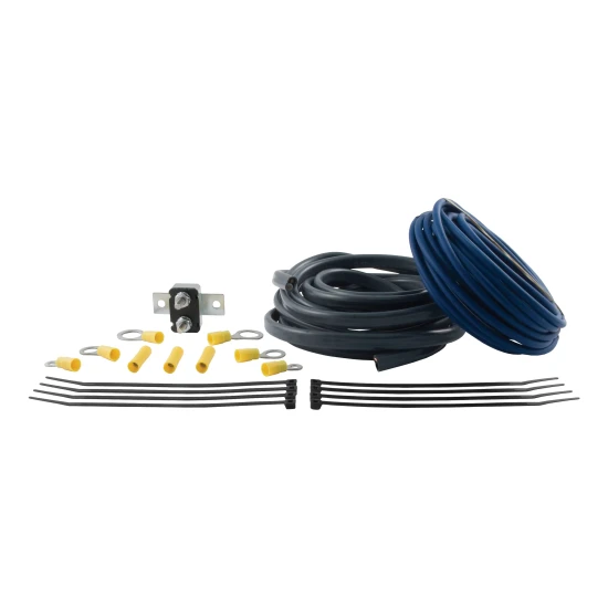 CURT trailer brake controller wiring kit, compatible with up to 8-brake systems, including cables and circuit breaker.