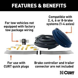 CURT trailer brake controller wiring kit, compatible with up to 8-brake systems, including cables and circuit breaker.