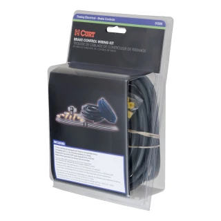 CURT trailer brake controller wiring kit, compatible with up to 8-brake systems, including cables and circuit breaker.