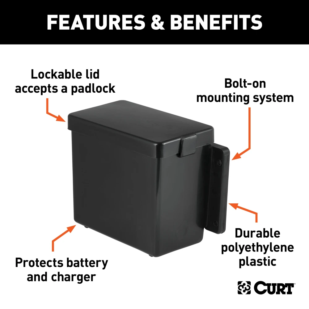 CURT Trailer Breakaway Kit Battery Case with Lockable Lid CURT breakaway battery case for trailer safety with lockable lid and polyethylene construction