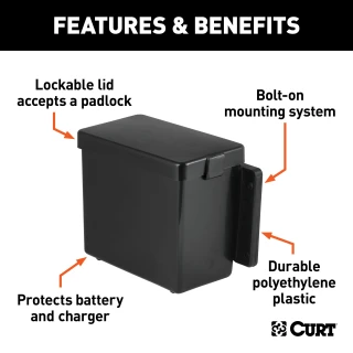 CURT Trailer Breakaway Kit Battery Case with Lockable Lid CURT breakaway battery case for trailer safety with lockable lid and polyethylene construction
