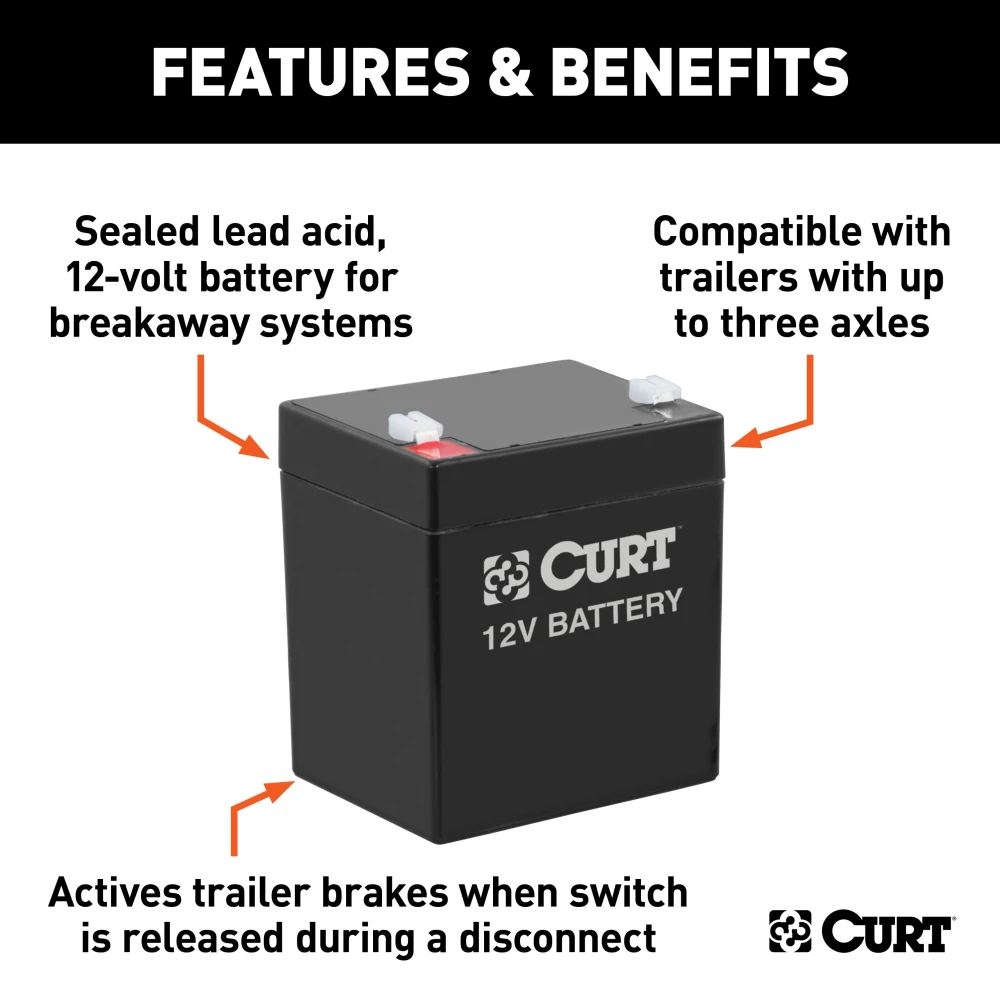 12-volt CURT breakaway kit battery for electric trailer brakes and safety compliance.