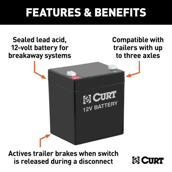 12-volt CURT breakaway kit battery for electric trailer brakes and safety compliance.