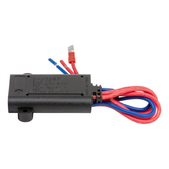CURT breakaway kit battery charger with color-coded wires, designed for 12-volt batteries