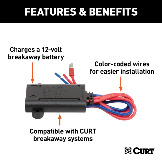 CURT breakaway kit battery charger with color-coded wires, designed for 12-volt batteries