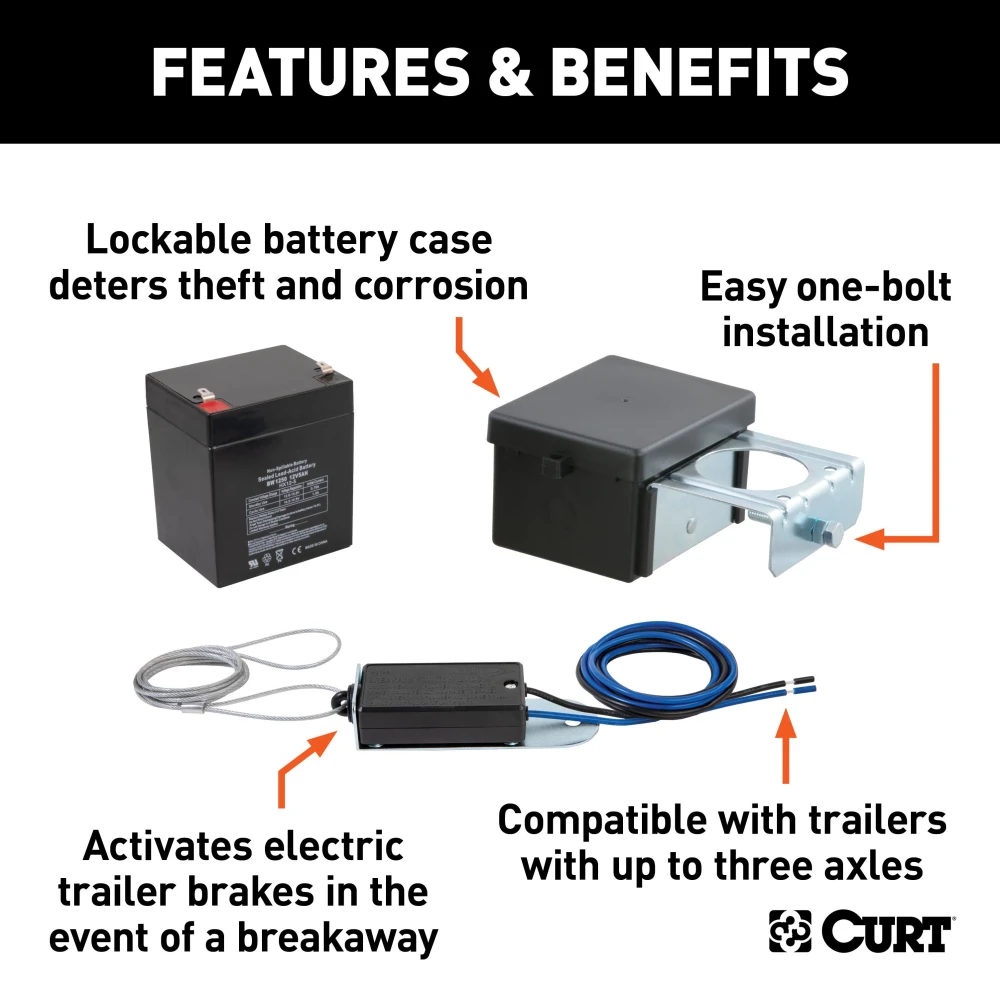 CURT Soft-Trac 2 breakaway kit with battery and mounting case for trailer safety