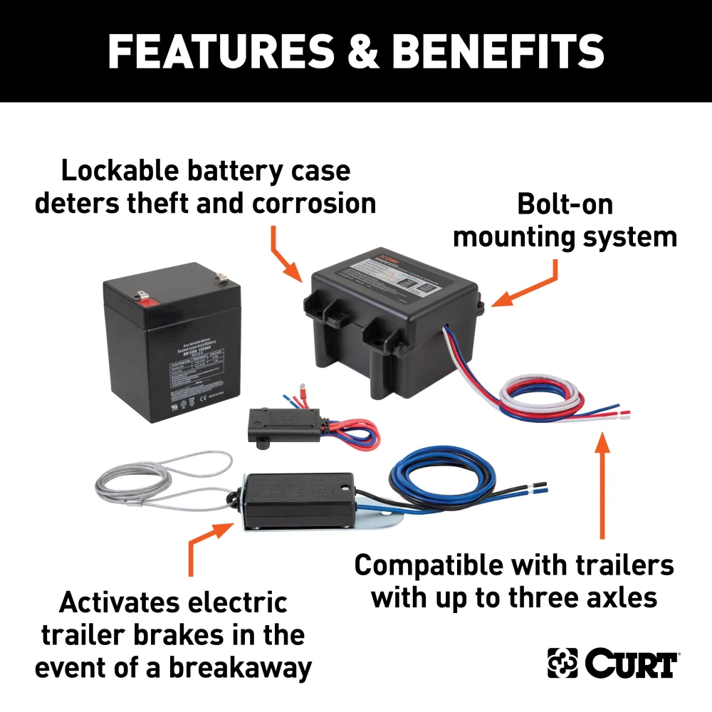 CURT Soft-Trac 1 breakaway kit with 12-volt rechargeable battery and components