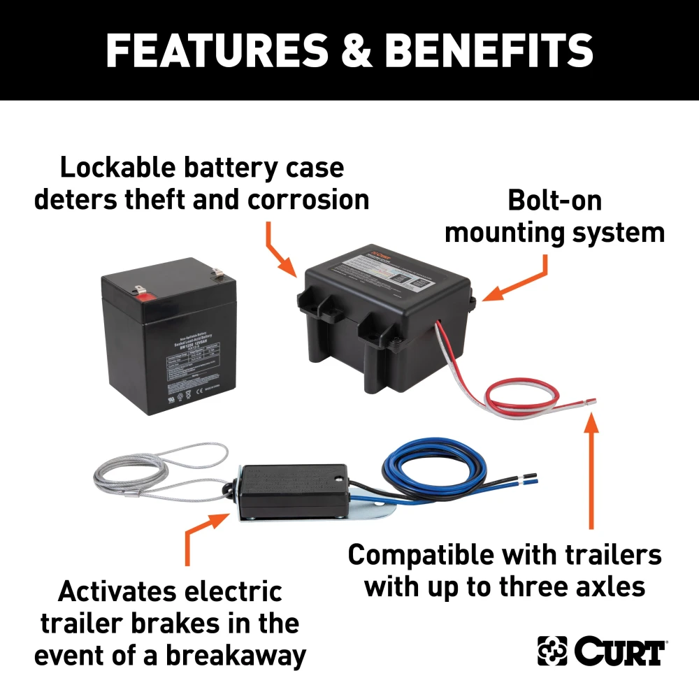 CURT breakaway kit showing lockable battery case and nylon switch for trailer safety