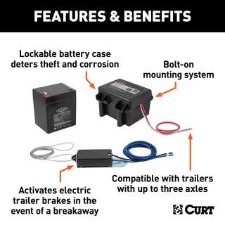 CURT breakaway kit showing lockable battery case and nylon switch for trailer safety